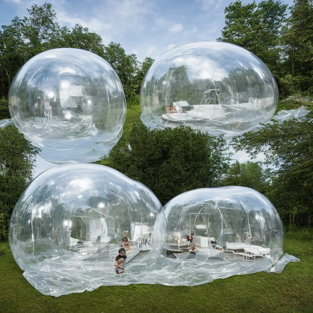 Prompt: an inflatable house made of clear plastic sheeting. The house is made of 3 inflated bubbles. The inflated house sits in a lake on the edge of a forest. A family is living inside the bubble house and it is furnished with contemporary furniture and art. The bubbles are connected with ladders and rope bridges. ultra wide shot, coronarender, 8k, photorealistic