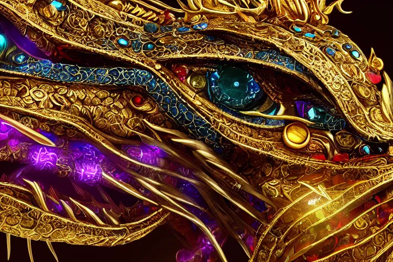 Image similar to cinematic closeup portrait of a miniature gold and silver chinese dragon intricately decorated with colorful jewels, detailed textures, midnight city lights, strong bokeh, dramatic lighting, unreal engine, cgsociety, artstation, 4k