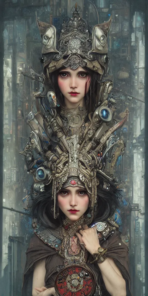 Image similar to hyper realistic Princess Mononoke, ornate mask, wet market street, cyberpunk metropolis, city landscape, jewels, style of tom bagshaw, mucha, james gurney, norman rockwell, denoised, sharp