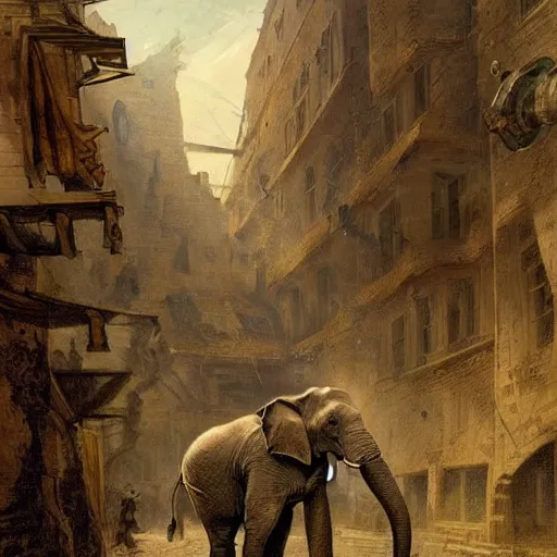 Image similar to an elephant body with a cannon for a head, men in uniforms operate cannon, the elephant is walking through the streets of a medieval city, illustration, rpg, hubert robert, dying earth, body horror