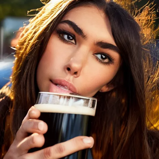 Image similar to 4k,ultra detailed portrait of Madison Beer drinking beer at the parking lot by Rachel Ruysch