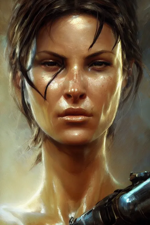 Prompt: muscular sweat lara croft, face close up, highly detailed painting by gaston bussiere, craig mullins, j. c. leyendecker 8 k