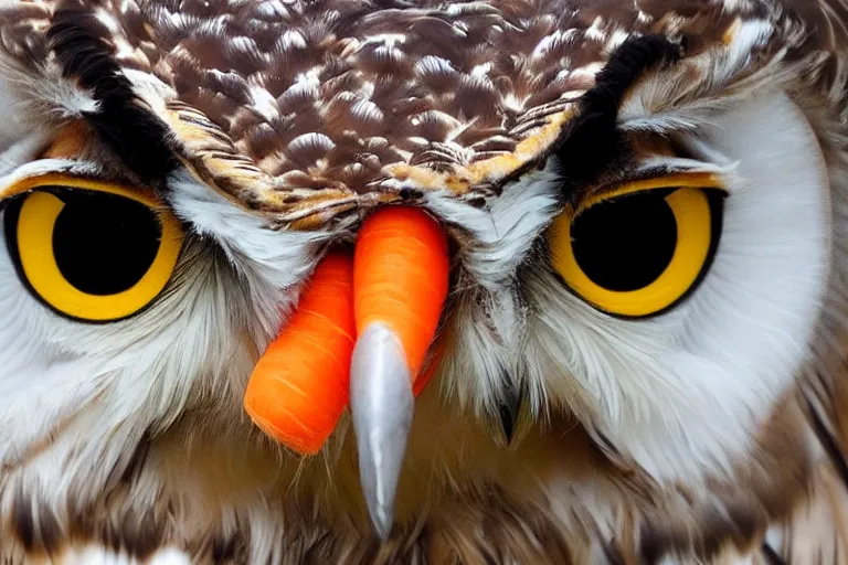 Image similar to scenic photo of an owl eating a carrot. focus on the owl's beak and eye. intricate eye. extremely large wings. extreme detail, hyperrealistic photo