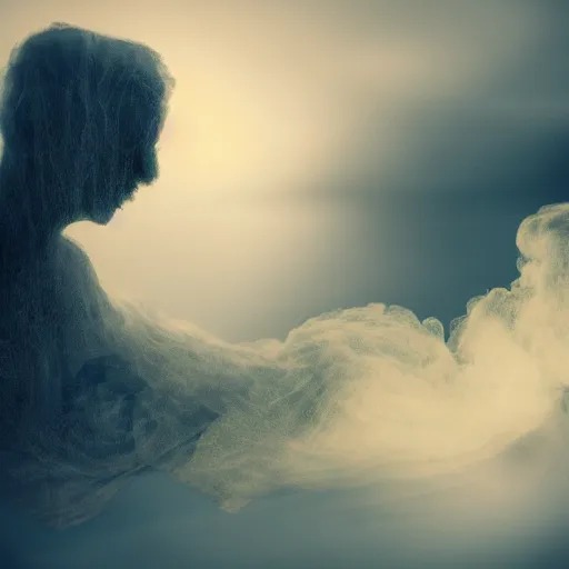 Image similar to side view of a man made of swirling smoke and tendrils of fog leaning against a wall, twilight colors, cinematic