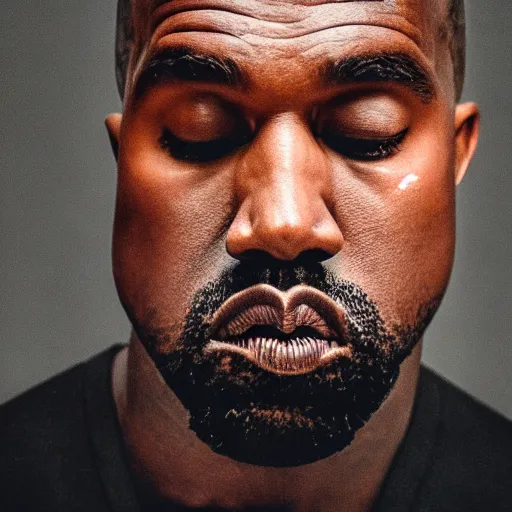 Image similar to the face of kanye west wearing yeezy clothing at 4 5 years old, portrait by julia cameron, chiaroscuro lighting, shallow depth of field, 8 0 mm, f 1. 8