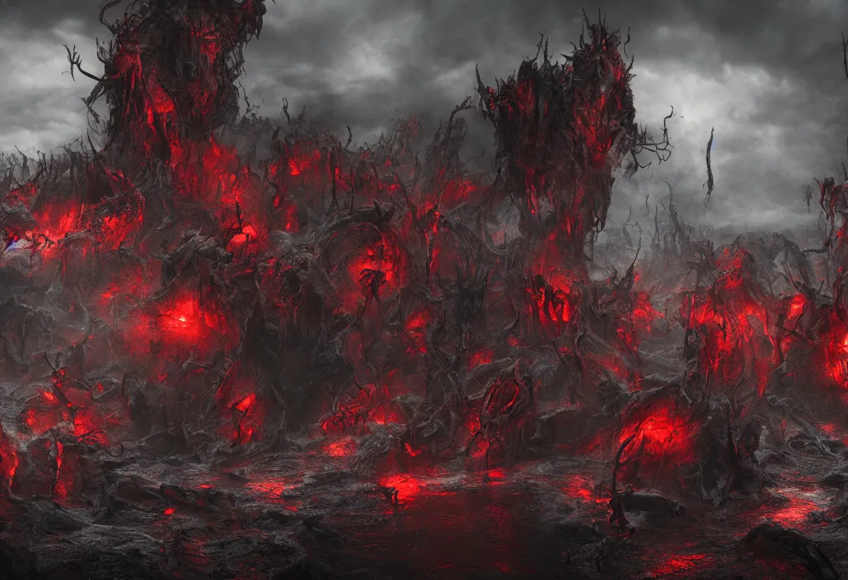 Prompt: demonic faces of death in blood river of hell, ominous apocalyptic background, hyperrealism, realistic, dramatic lighting, octane render, highly detailed, cinematic lighting, cinematic, art by wes benscoter and rembrandt