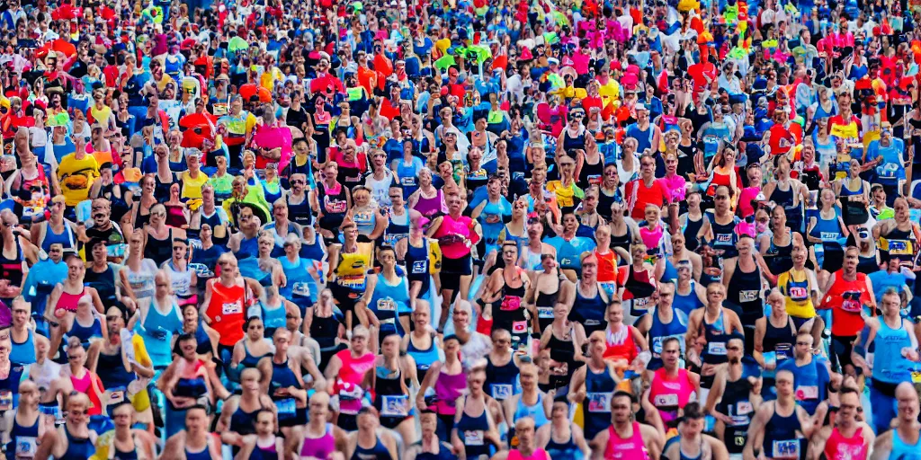 Image similar to detailed photo of marathon runners in a long row, frontal, studio background, studio lighting, fashion shoot, detailed, diverse crowd, new balance colours