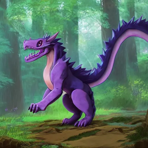 Prompt: concept art painting of an anthropomorphic purple anime furry dragon, in the deep forest, realistic, detailed, cel shaded, in the style of makoto shinkai and greg rutkowski and james gurney