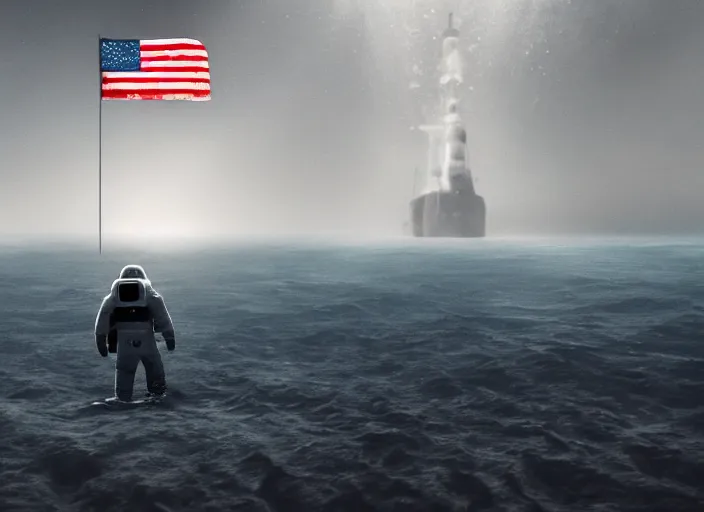 Image similar to astronaut holding a flag in an underwater desert. a submarine is visible in the distance. dark, concept art, cinematic, dramatic, atmospheric, 8 k, trending on artstation, blue, fish, low visibility, fog, ocean floor, christopher nolan, interstellar