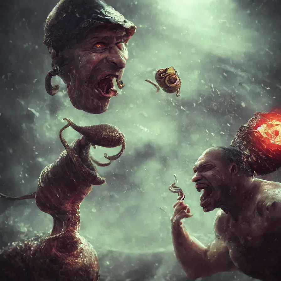 Image similar to an angry man shouting at a snail, photo realistic moody lighting, atmosphere, glow, detailed, intricate, full of colour, cinematic lighting, trending on artstation, 4 k, hyperrealistic, focused, extreme details, cinematic, masterpiece