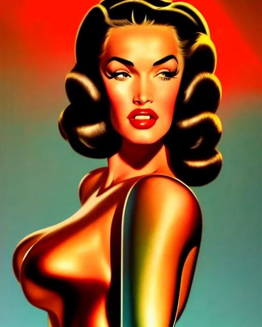 Image similar to closeup beautiful retro space megan fox posing with a chrome robot in diesel punk city at night, pinup, windblown dark hair, seductive, hyper detailed, digital art, smooth, sharp focus, gil elvgren, anna dittmann alberto vargas, 1 9 5 0, when mars attacks