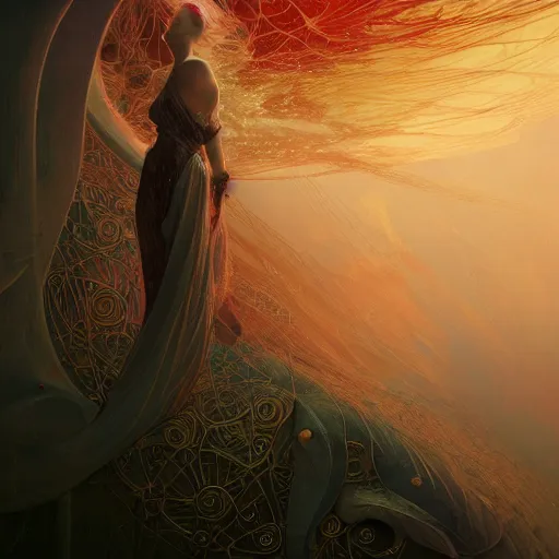 Image similar to ocean of canvas that catches fire, magical, concept art, art nouveau, inspired by Reylia Slaby, Peter Gric, trending on artstation, volumetric lighting, intricate, ornate, CGsociety: 3, hypermaximalist, octane render, micro details, 3d sculpture, ray tracing, 8kjpeg artifacts, dof, blur, text:-1