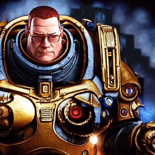 Image similar to Portrait of Hank Hill as the emperor of humanity from warhammer 40k in Gears of War, splash art, movie still, cinematic lighting, dramatic, octane render, long lens, shallow depth of field, bokeh, anamorphic lens flare, 8k, hyper detailed, 35mm film grain