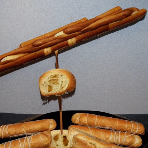 Prompt: attack helicopter made out of bread firing baguettes