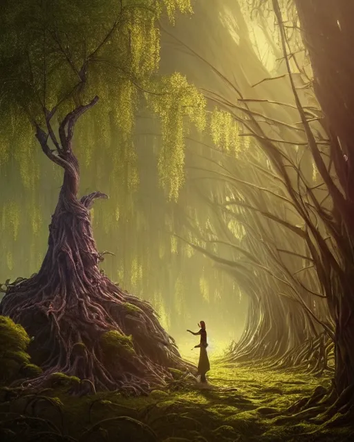 Image similar to highly detailed surreal vfx portrait of a cursed object in a shadowy forest by a willow tree, stephen bliss, unreal engine, greg rutkowski, loish, rhads, beeple, makoto shinkai and lois van baarle, ilya kuvshinov, rossdraws, tom bagshaw, alphonse mucha, global illumination, detailed and intricate environment