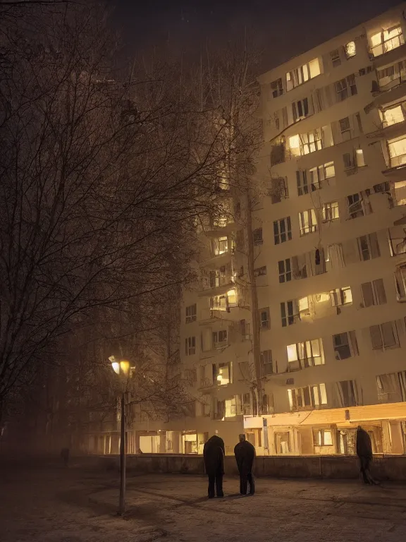 Image similar to film still of low russian residential building in suburbs, lights are on in the windows, deep night, post - soviet courtyard, cozy atmosphere, light fog, street lamps with orange light, several birches nearby, several elderly people stand at the entrance to the building