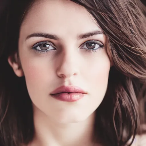 Prompt: portrait photo of a charismatic beautiful brunette female looking into the camera, indoors, f 1. 4, golden ratio, rim light, top light, overcast day