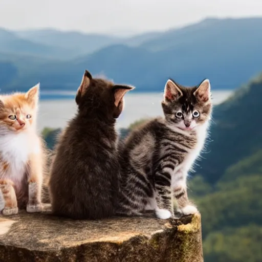 Image similar to group of kittens sitting on a chair at the top of a mountain looking out over a river in a valley