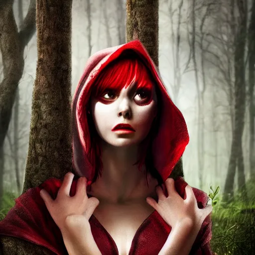 Image similar to cinematic, fierce red riding hood with a scar on her face standing in a dark forest, dark, 4k, artstation, highly rendered, beautiful, high resolution