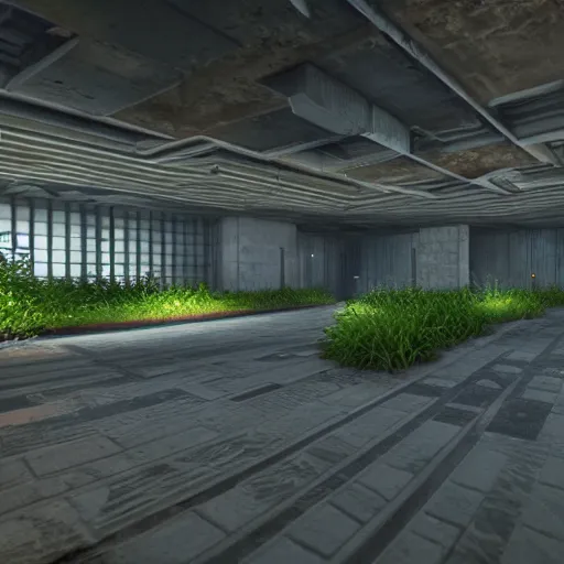 Image similar to screenshot of game on unreal engine 5, in a liminal underground garden, photorealistic, retrofuturism, brutalism, staggered terraces, minimalist, soft vintage glow