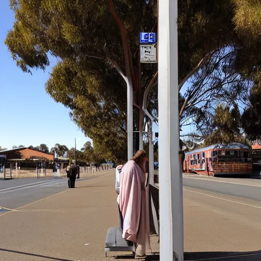 Prompt: jesus waiting for a train at peterborough in south australia