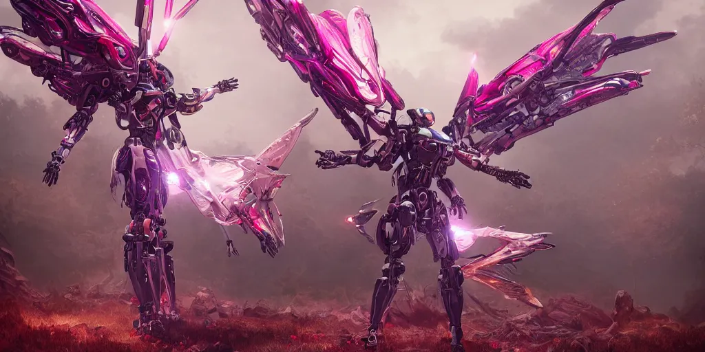 Image similar to a female mecha saints with huge feature wings flying in the fantasy forest by merriam, daniel, intricate mechanical details, futuristic, 2 k aesthetic, dramatic lighting, concept art, 4 k, 3 d octane render, pink and red collection, highly saturated colors, provenance, detailed, trending on artstation