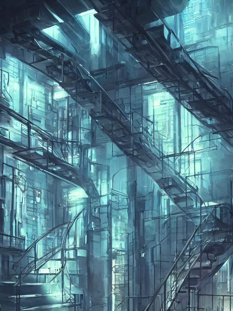 Image similar to down a basement staircase neon lights cyberpunk style digital painting concept art smooth sharp focus hyperrealistic illustration artstati