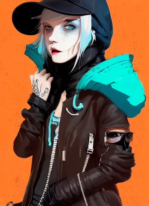 Prompt: highly detailed portrait of a sewer punk lady student, blue eyes, leather hoodie, hat, white hair by atey ghailan, by greg tocchini, by james gilleard, by kaethe butcher, by greg tocchini, gradient orange, black, brown and cyan color scheme, grunge aesthetic!!! ( ( graffiti tag wall background ) )
