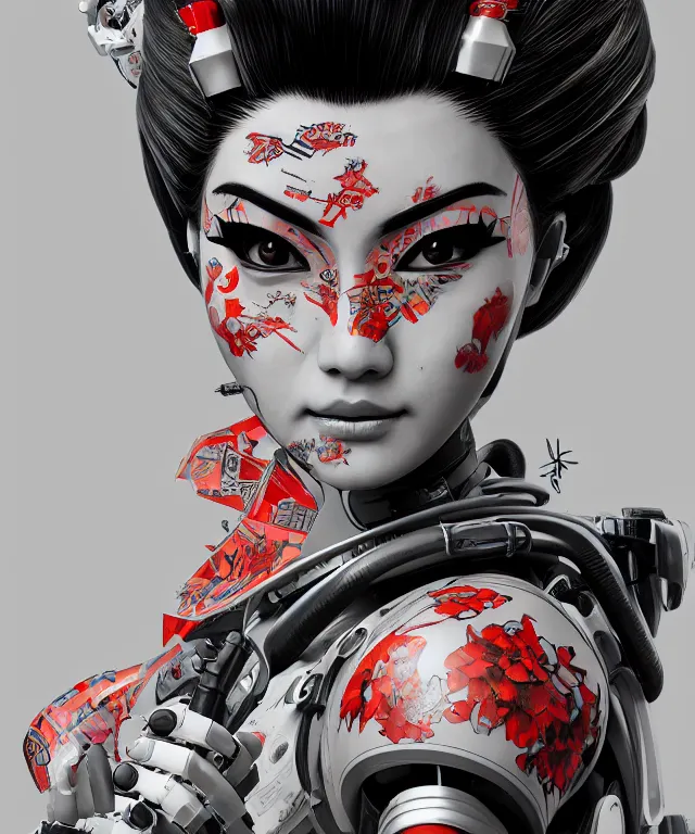 Image similar to an epic fantastic realism comic book style portrait painting of a japanese robotic geisha with kanji tattoos and decals, apex legends, octane render, intricate detail, 4 k hd, unreal engine 5