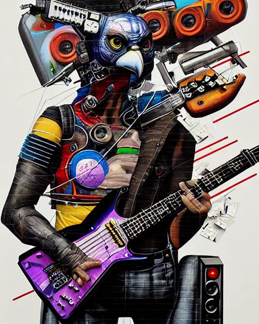 Image similar to a portrait of an anthropomorphic cyberpunk falcon shredding an electric guitar by sandra chevrier, by jon foster, detailed render, tape deck, epic composition, cybernetics, 4 k realistic, cryengine, realistic shaded lighting, sharp focus, masterpiece, by enki bilal