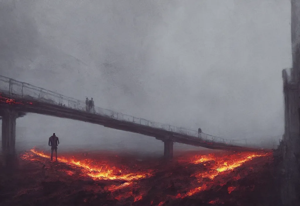 Image similar to a man standing on a burning bridge, artstation, jakub rozalski, high detail, dramatic lighting, night, fog