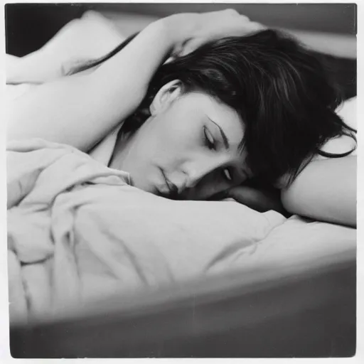 Image similar to a woman with dark brown hair looking at a cell phone lying down on a bed, photo by Dianne Arbus