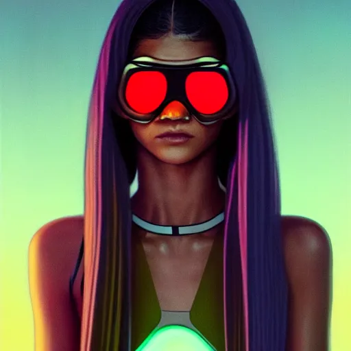 Image similar to zendaya wearing opaque reflective goggles profile picture by Greg Rutkowski, brown skin, very long hair, dune, asymmetrical, futuristic, neon volumetric lights, cool colors, streetwear, studio ghibli, Organic Painting , Matte Painting, geometric shapes, hard edges, street art, trending on the artstation, fantasy LUT, realistic by Sachin Teng + Martin Grip + Moebius, techwear, Industrial Scifi, detailed illustration, character portrait,