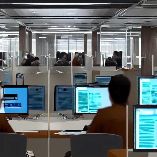 Image similar to fifty monkeys are staring a individual computer screens in a crowded cubicle - style office, the computer screens have bitcoin logos, hyperrealism, unreal engine 5, 4 k, harsh contrast lighting