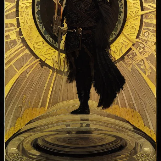 Image similar to pale, beautiful black-haired Viking lord wih sharp features, wearing a gilded black scale armor in the shape of art deco feathers and an arrogant heroic expression, by Greg Rutkowski, Brom, and Alphonse Mucha