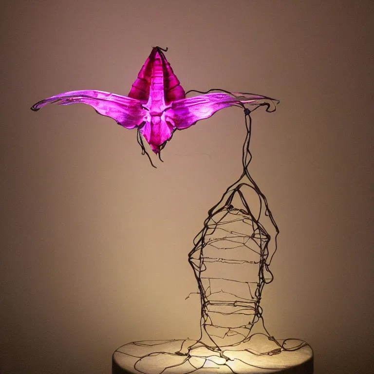 Image similar to hyperrealistic sculpture of a bronze fossilized luna moth crab in a large cage made of magenta nylon wire and beeswax on a pedestal by ron mueck and duane hanson and lee bontecou, hyperrealistic dramatic colored lighting trending on artstation 8 k