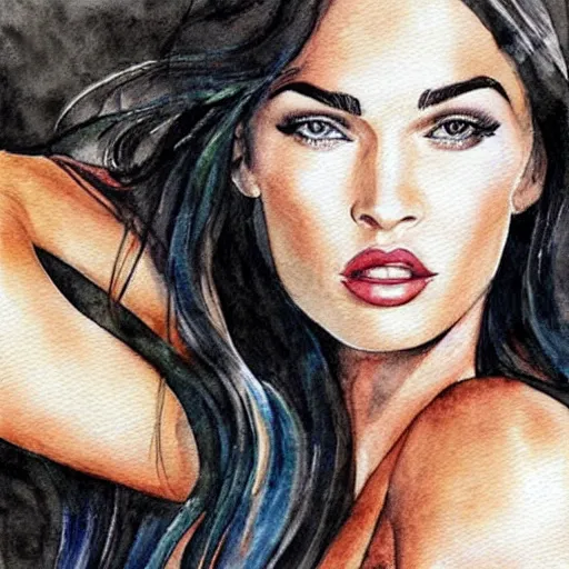 Prompt: Megan Fox Watercolor paintings