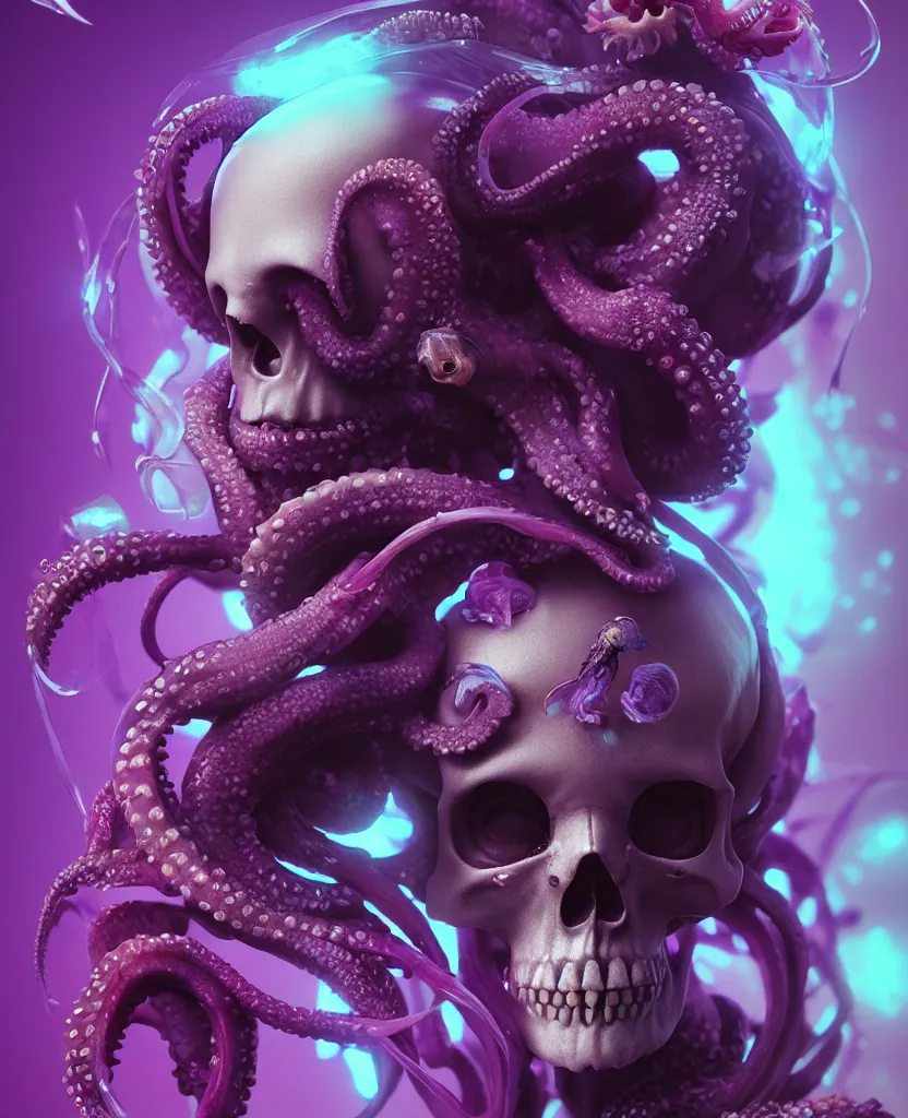 Image similar to goddess close - up portrait human skull, ram skull, squid phoenix jellyfish, orchid, betta fish, bioluminiscent, intricate artwork by tooth wu and wlop and beeple. octane render, trending on artstation, greg rutkowski very coherent symmetrical artwork. cinematic, hyper realism, high detail, octane render, 8 k