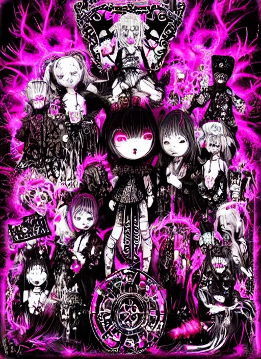 Image similar to spiked bloodmoon pixie sigil stars, goregrind album cover, baroque bedazzled gothic royalty frames surrounding a hellfire hexed witchcore aesthetic, dark vhs broken hearts, neon glyphs spiked pixelsort fairy kei decora doll, 8mm VHS footage of a japanese horror movie