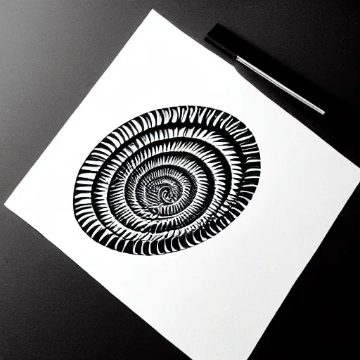 Prompt: a fibonacci spiral in micron black ink, on textured matte paper, studio lighting