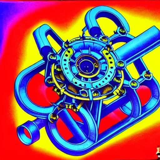 Prompt: a complicated time travel machine engine contraption with sprockets springs cranks cylinders hoses pistons, high detail, intricate abstract, detailed abstract, isometric, optical illusion, cubism, color pencil, bright colors, vivid colors, hyper detailed, high resolution, artstation, created by M.C. Escher