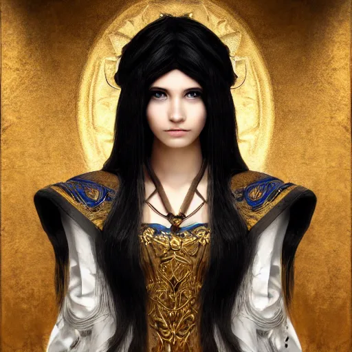 Image similar to beautiful female cleric with long black hair and a golden eye, focus on face, jewellery, piercings, fantasy, medieval, still, photograph, highly detailed, cinematic, romani descent, dramatic, dynamic lighting, award winning, masterpiece, trending on artstation