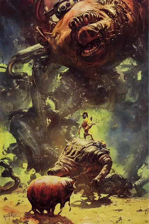 Image similar to huge slimy huge pig attacks, dynamic action on alien planet, by norman rockwell, jack kirby, jon berkey, earle bergey, craig mullins, ruan jia, jeremy mann, tom lovell, marvel, astounding stories, 5 0 s pulp illustration, scifi, fantasy