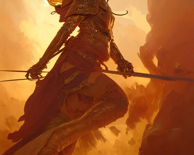 Prompt: battle of kings, fire and dust and golden armor, action, dramatic lighting, intricate, wild, highly detailed, digital painting, artstation, concept art, smooth, sharp focus, illustration, art by artgerm and greg rutkowski and alphonse mucha
