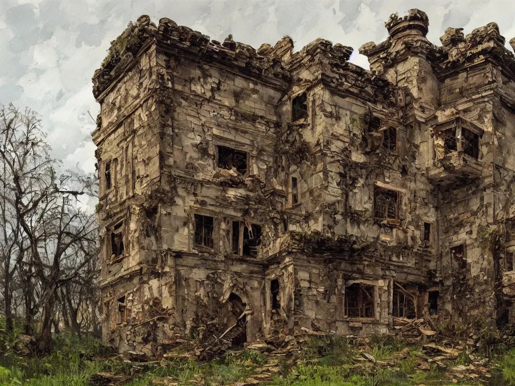 Prompt: A beautiful painting of a dilapidated ancient castle building in the wood, by Coby Whitmore, Trending on artstation, very detailed