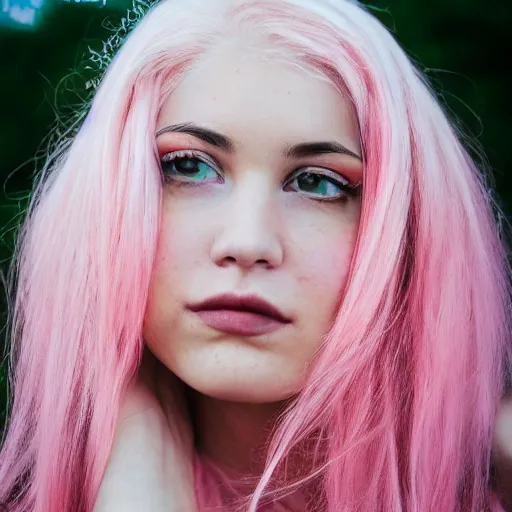 Image similar to a beautiful woman with pink hair and fair skin, portrait photograph, nikon 3 5 mm, photograph