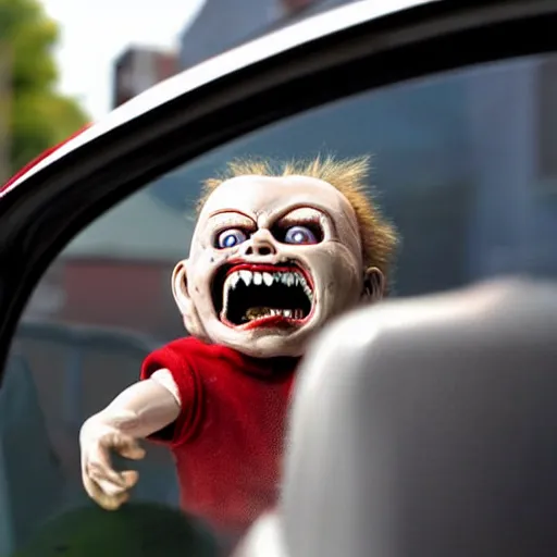 Image similar to a screaming chucky doll in rear view mirror