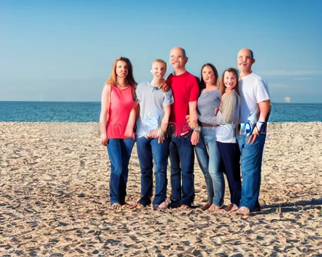 Image similar to family portrait of a happy family holding each other, facing the camera, standing in front of a beach, stock photo taken with canon eos - 1 d mark iii