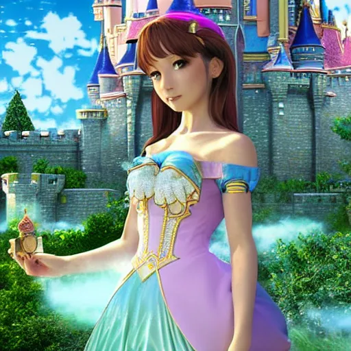 Image similar to a pleasant, beautiful, funny, smooth 3D CG render, semirealistic anime style, a noble priestess magician princess girl wearing dress and jewelry, in a glorious magic kingdom with castle and walls, relaxing calm vibes, fairytale, octane render