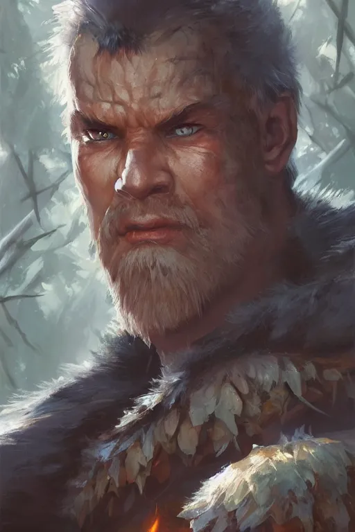 Prompt: dungeons and dragons warrior chief character closeup portrait, dramatic light, forest background, 2 0 0 mm focal length, painted by stanley lau, painted by greg rutkowski, painted by stanley artgerm, digital art, trending on artstation